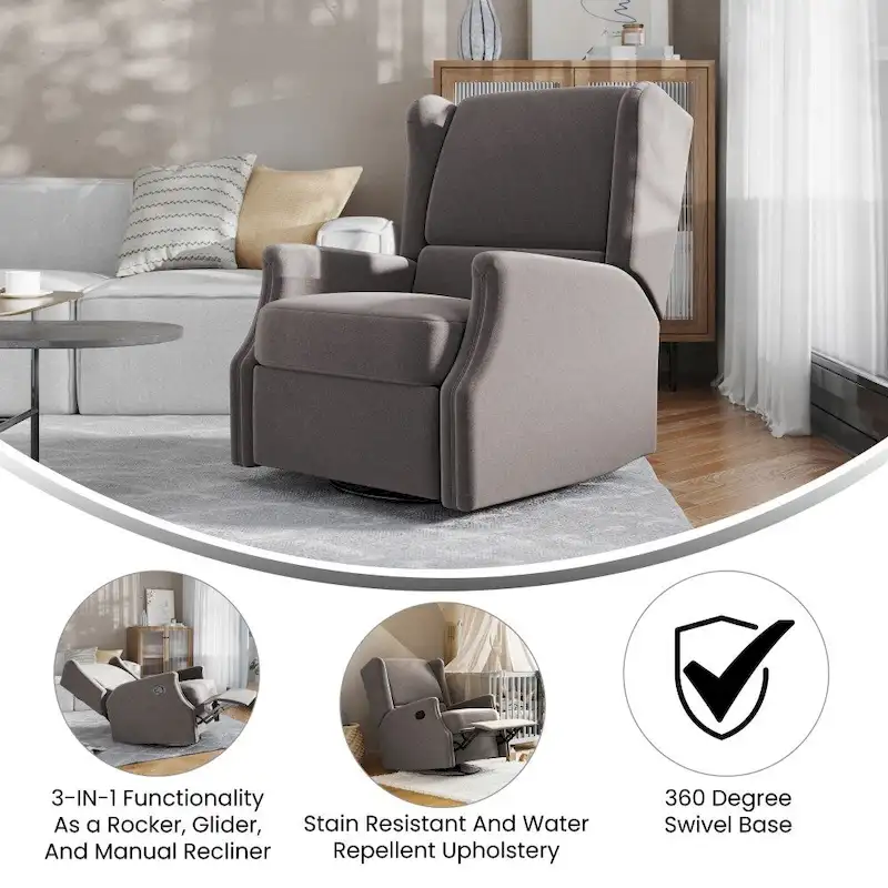 Wingback Upholstered Manual Recline Rocking Swivel Glider Chair