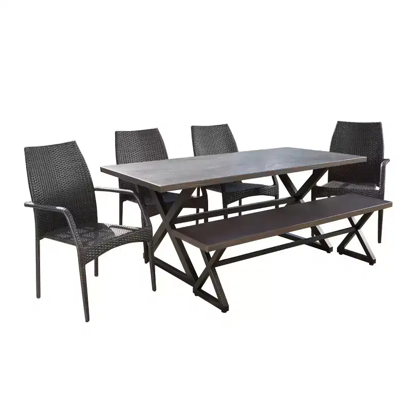 Christopher Knight Home Perault Outdoor Wicker and Aluminum 6 Piece Dining Set with Bench, Multibrown/Brown