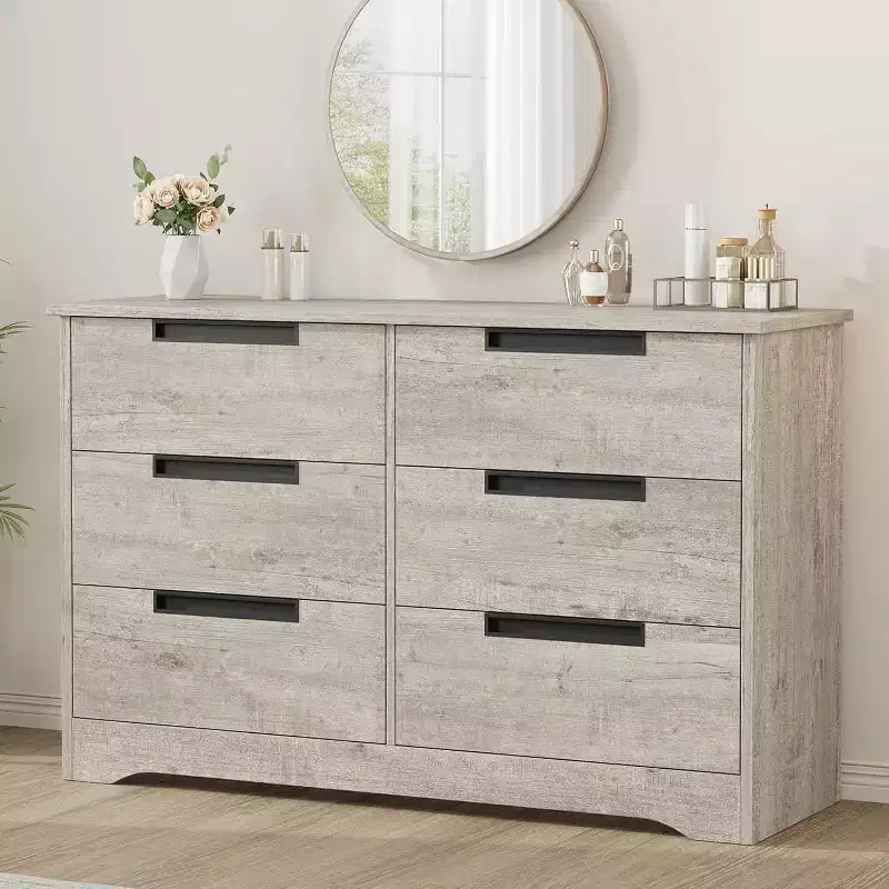 6-Drawer Double Dresser for Bedroom, Modern Gray Chest with Recessed Handles, Wooden Storage Organizer for Living Room, Nursery, Hallway, or Entryway