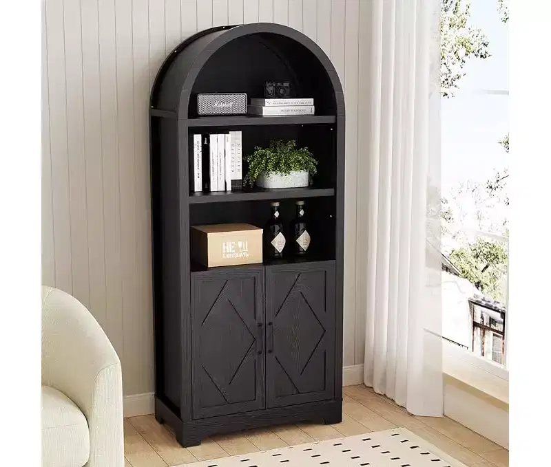 Dyonery 70high arched storage cabinets, 5-shelf modern arched cabinets with doors and adjustable shelves, wooden multifun ctional round top cabinets