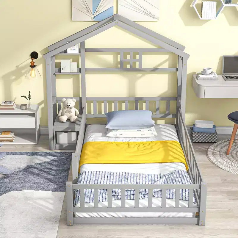 Twin House Shape Headboard Floor Bed with Guardrails Gray