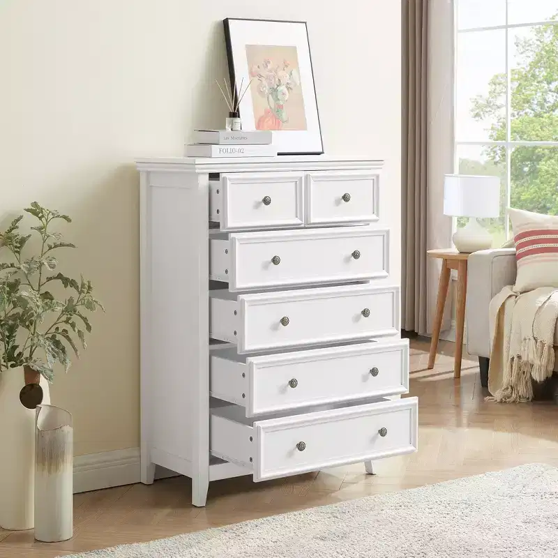 Modern 6 Drawer Dresser with Vintage Carved Flower Handle, for Farmhouse Organizer