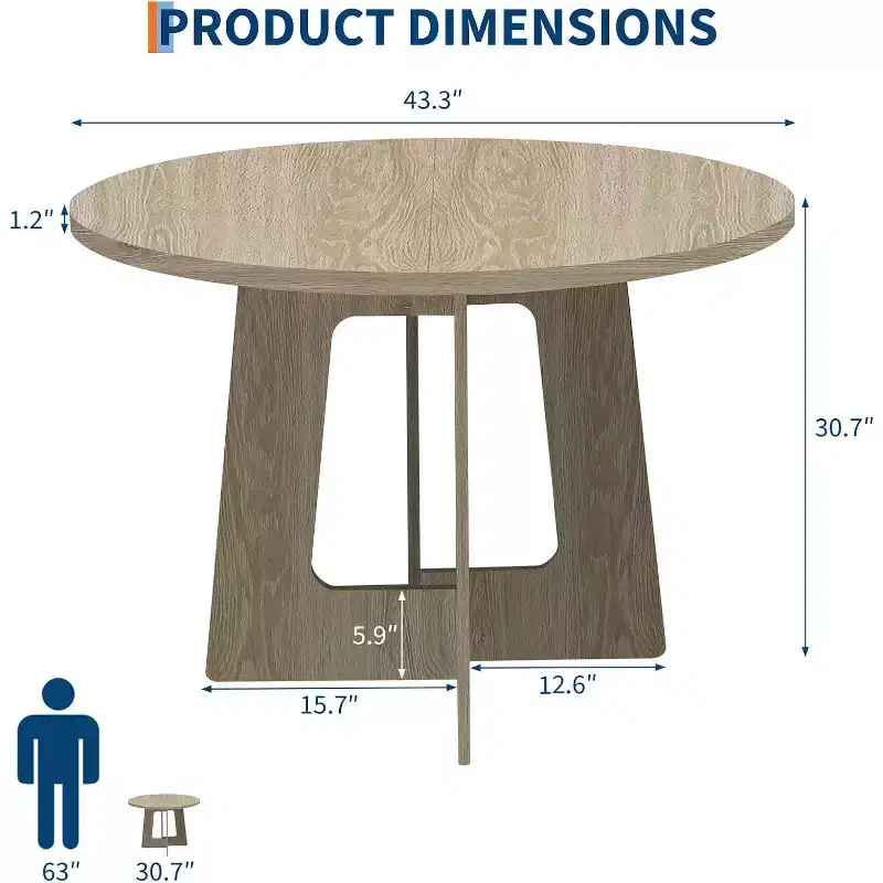 Modern Farmhouse Round Dining Table for 4  43 Space-Saving Wooden Pedestal Table  Sturdy Cross Base
