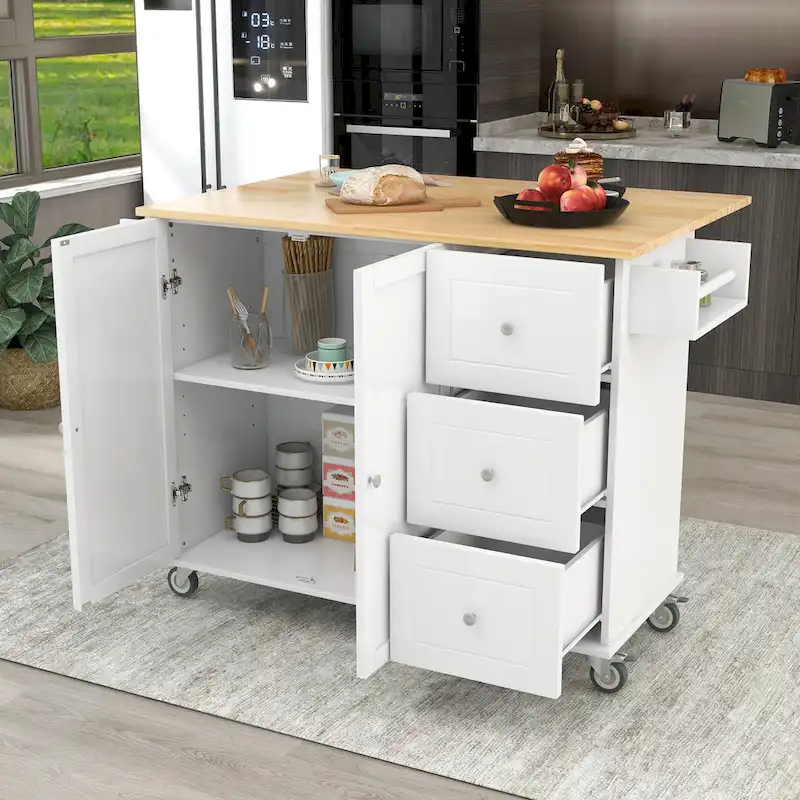 White Rolling Kitchen Island Solid Wood Top, Locking Wheels, Storage & More