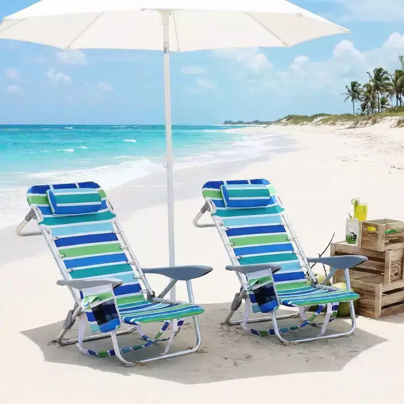 Folding Lightweight Backpack Beach Chair, Lay-Flat 5-Position Recline, 300LBS Load with Cup Holder, Phone Pocket & Towel Bar