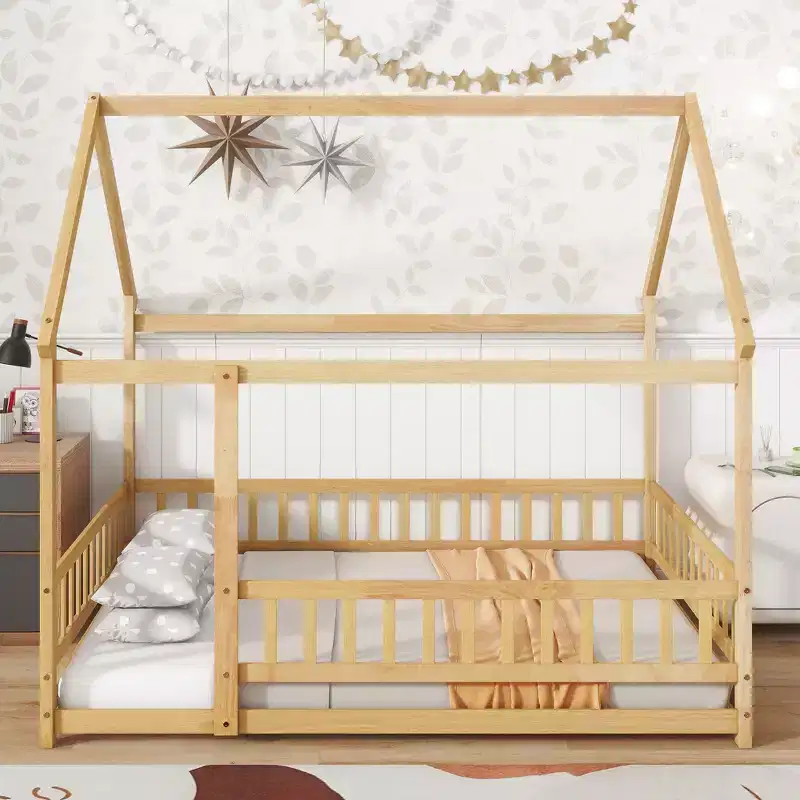 Full House Floor Wooden Bed with Floor Frames and Safety Guardrails, Beige