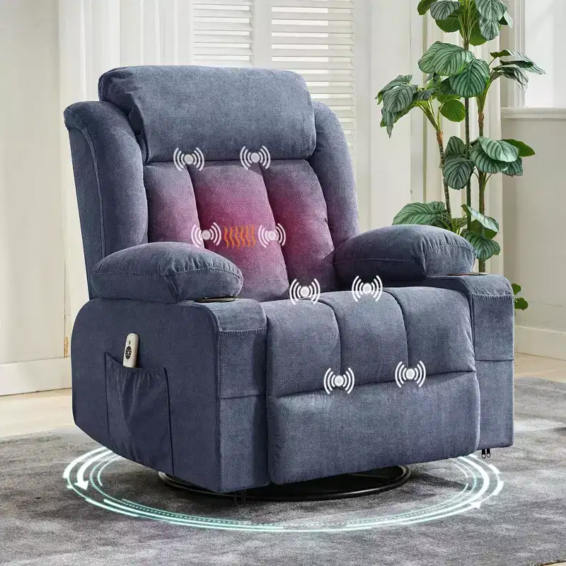Oversized 360 Swivel Recliner with Heat & Massage. Wide Rocker for Big & Tall, 3-Positions, Cup Holders, USB Port & Pocket  Ultimate Lounge Chair.