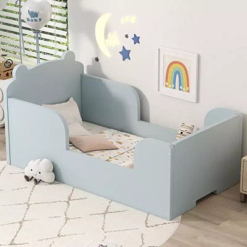 Okak Bear-Shaped Floor Bed for Ages 3-6, Toddler Bed Frame with Safety Fence, Cute Animal-Shaped Kids Bed
