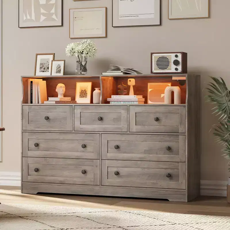 7-Drawer Dresser with LED Lights & Charging Station – Wooden Chest with Open Compartments for Bedroom
