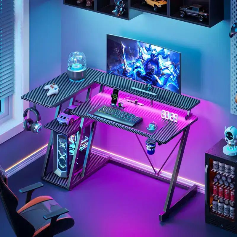 40 inch Black Gaming Desk Small Space L Shaped Computer Table with Monitor Stand 3 Tier Storage Shelves Carbon Fiber Gamer