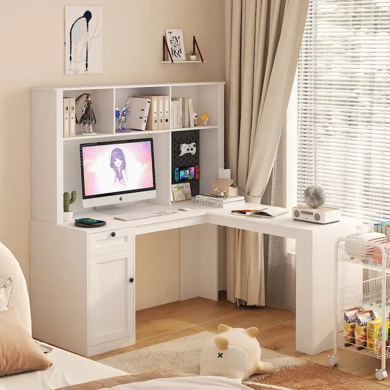 L Shaped Desk with outlet, Computer Desk with Drawers, Bookshelf & Hutch, Modern Corner Desk, Home Office Desk