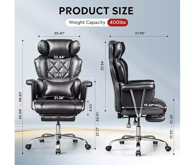 Executive Ergonomic Leather Office Chair with Footrest, Big and Tall Reclining Desk Chair with Lumbar Support, Heavy Duty SGS Class 4 Gas Lift