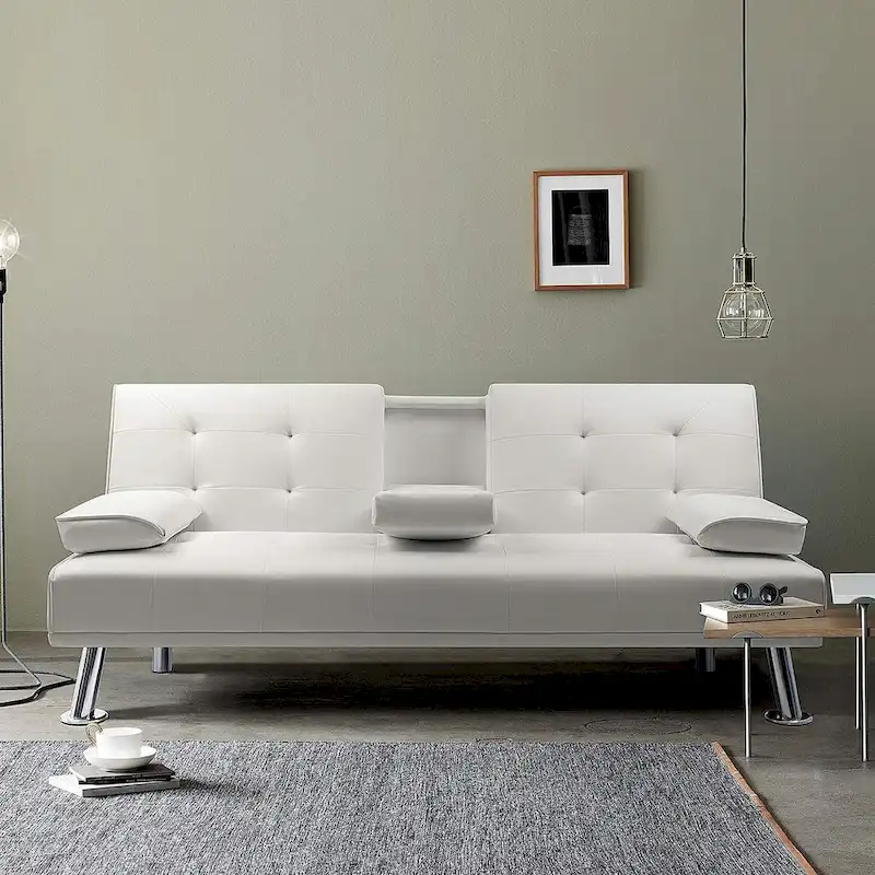 Furniwell Modern Faux Leather Futon with Cup Holders & Pillows, 65