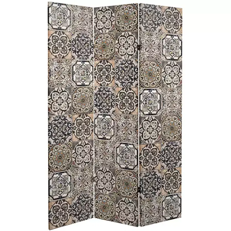 6-Panel Double Sided Victorian Tile Canvas Room Divider, Beige, High Resolution, No Assembly Required
