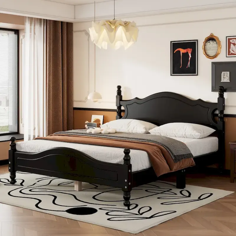 Retro Style Platform Bed with Wooden Slat Support