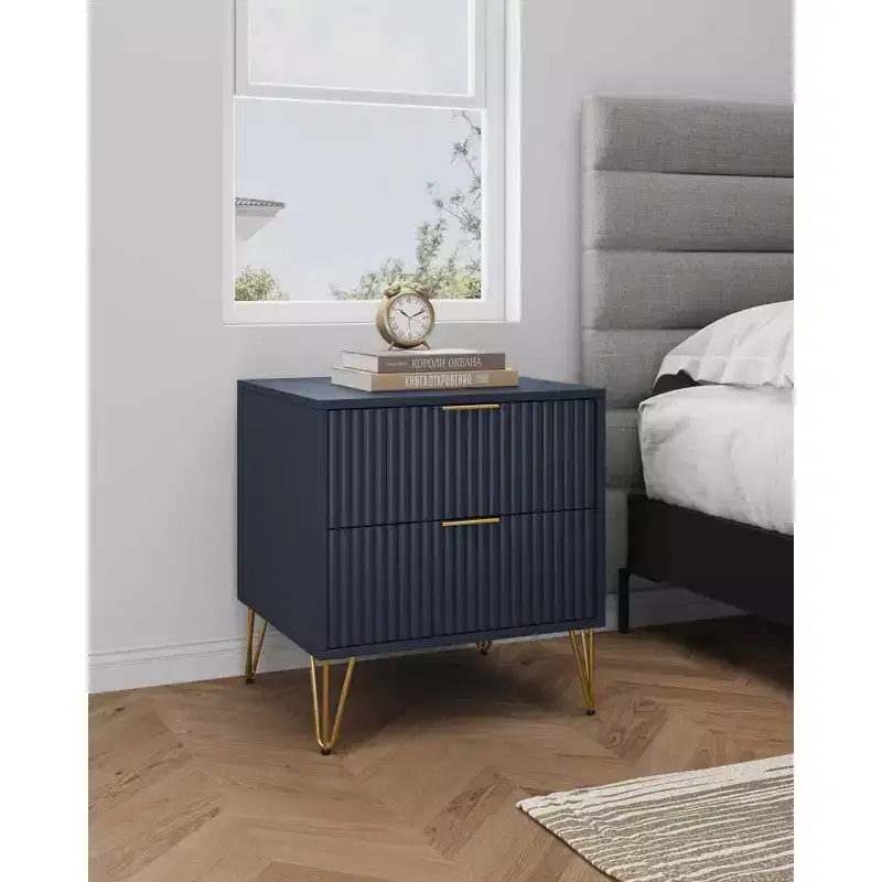 Manhattan Comfort Dumbo 2 Drawer Nightstand Midnight Blue: Modern MDF Bedside Furniture with Metal Glides