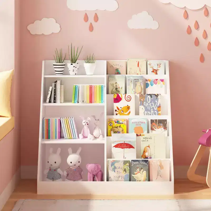 4-Tier Wooden Kids Bookshelf with Toy Storage Organizer, Multifunctional Children Bookcase Display Shelf for Kids Room