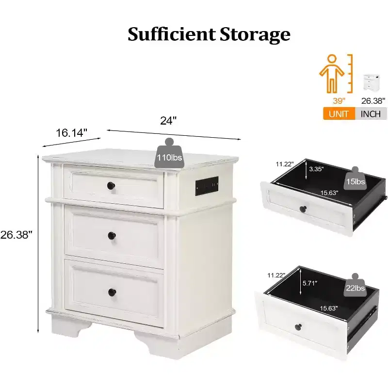 White Rustic Nightstand with Charging Station, 3 Drawers, Single