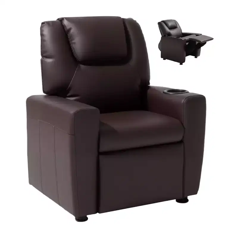 VEVOR Kids Reclining Chair, Toddler Recliner with Cup Holder, 101 to 121 Adjustable Backrest, Easy-to-Clean PU Leather Recliner Couch, Brown