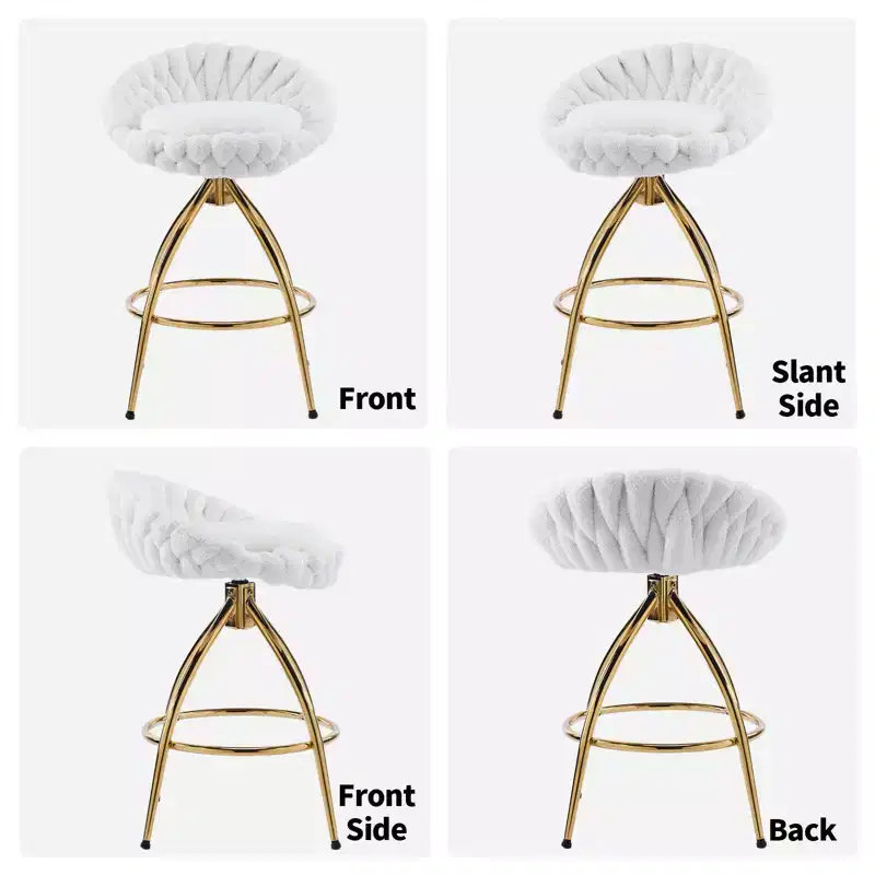 Karl Home 2 Piece Set of White Swivel Bar Stools with Teddy Fleece and Electro - Plated Gold Iron Legs