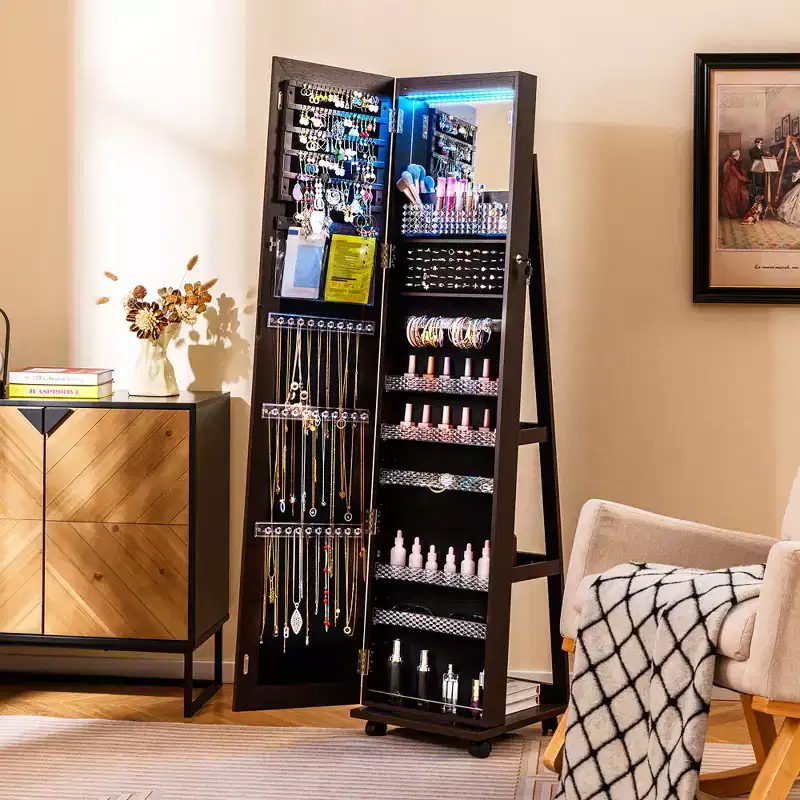 Costway 64 Jewelry Cabinet Armoire w/ 3-Color Lights Adjustable Shelves & Wheels