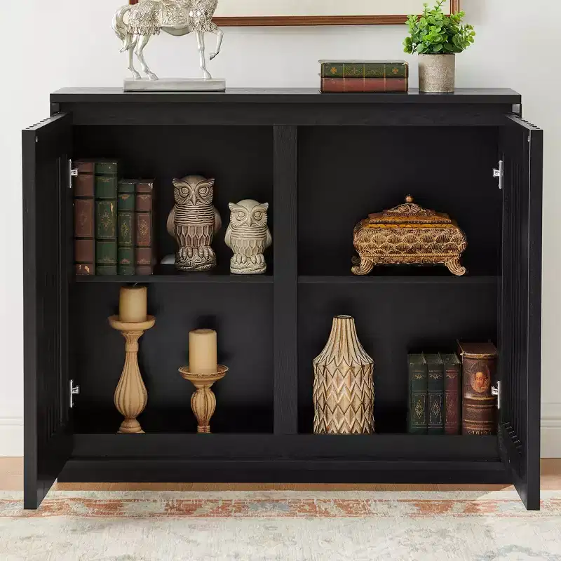 Mid Century Modern Fluted Hollowed Out Sideboard Cabinet with 2 Outlet Holes for Entryway Hallway Black