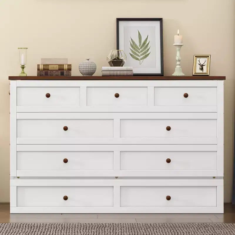 GDFStudio Kaelun Modern Wooden Murphy Bed Chest with Charging Station and Large Storage Drawers