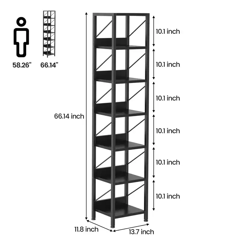 6 Tier Narrow Bookcase Tall Skinny Bookshelf Rustic Corner Shelf Small Bookshelves Industrial Bookcase for Bedroom, Living Room, Home Office