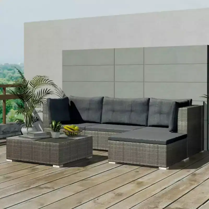 vidaXL 5-Piece Outdoor Patio Lounge Set - Poly Rattan, Gray, with Cushions, Removable Covers and Tea Table - Perfect for Poolside, Garden, Backyard