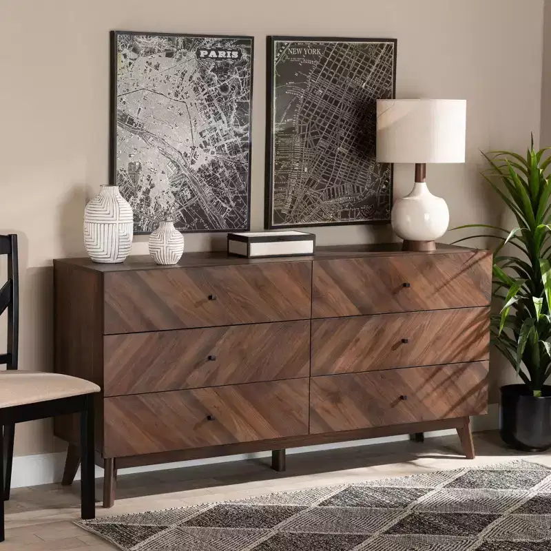 6-Drawer Dresser Walnut Brown Mid-Century Modern 63