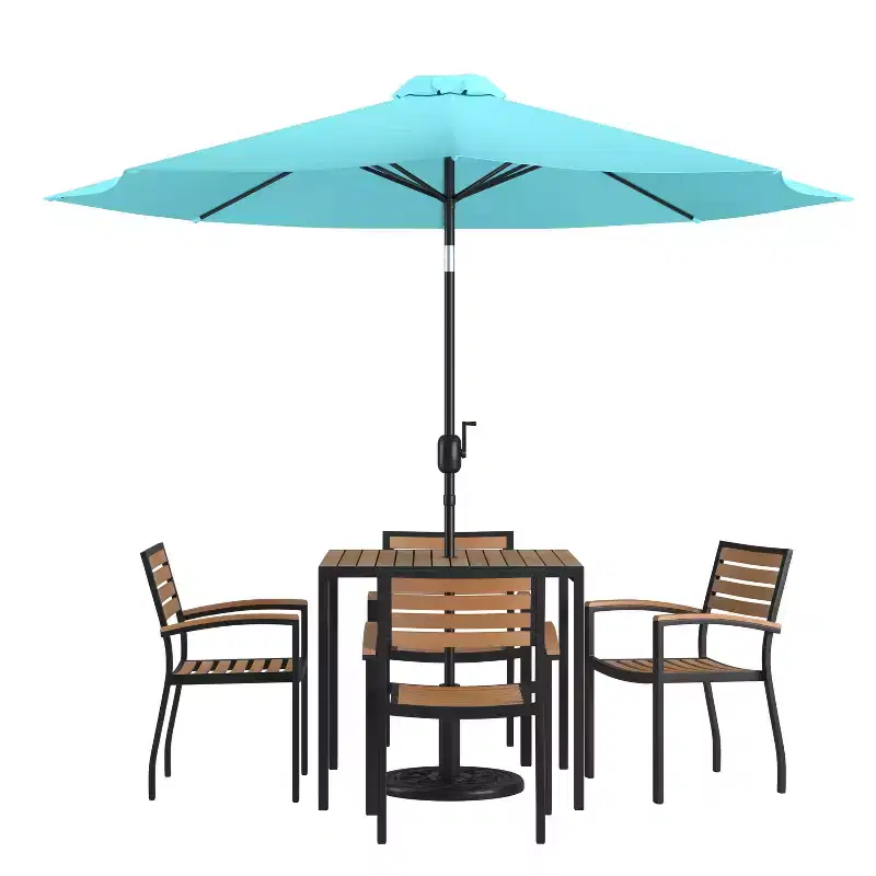 Emma and Oliver 7 Piece Patio Table Set - 4 Synthetic Faux Teak Stackable Chairs - Faux Teak Table - Umbrella with Base