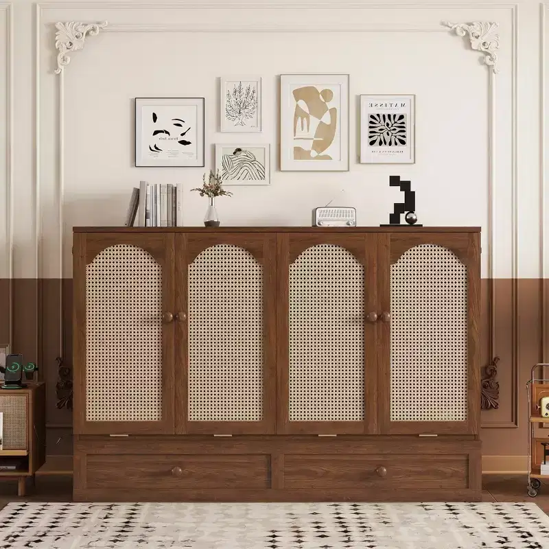 MAYEERTY Queen Size Murphy Bed Pine Wood Cabinet Bed with Power Station and Rattan Decoration Panel Walnut for Bedroom