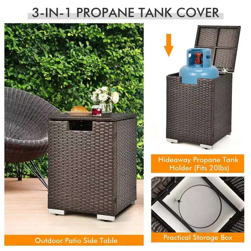 Costway 6PCS Patio Rattan Furniture Set 32'' Fire Pit Table Tank Holder with Cover Beige/Navy/Red/Turquoise