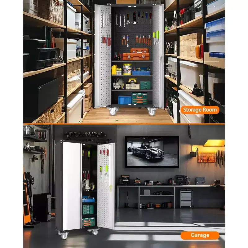 Heavy-Duty Tall Metal Storage Cabinet with Lockable Doors, 4 Adjustable Shelves & Wheels