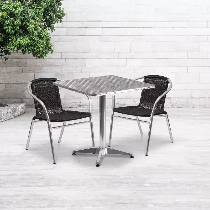 Emma and Oliver 27.5 Square Aluminum Garden Patio Table Set with 2 Rattan Chairs