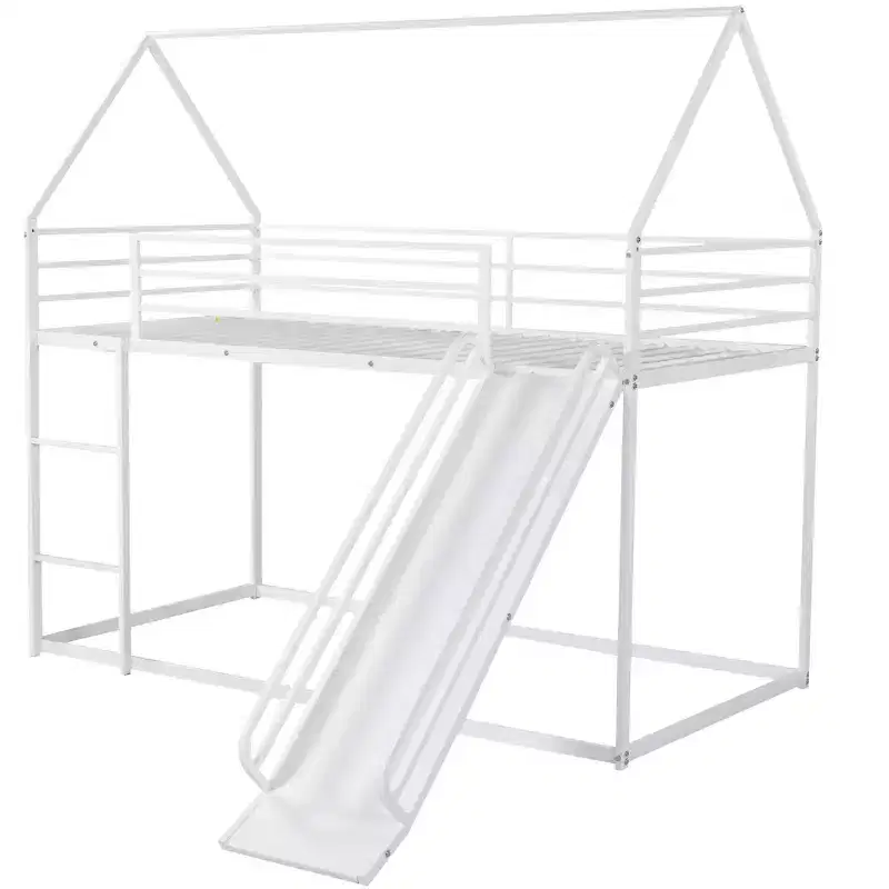 Twin over Twin Metal House Bunk Bed with Convertible Slide and Ladder
