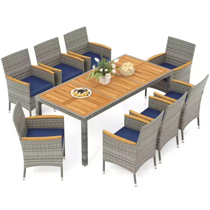 Costway 9 PCS Patio Dining Set for 8 Table and PE Rattan Chairs with 2 Umbrella Hole Navy/White