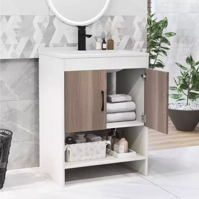 25 Bathroom Vanity Sink Combo w/Doors Open Shelf Backsplash Faucet Pop Up Drain