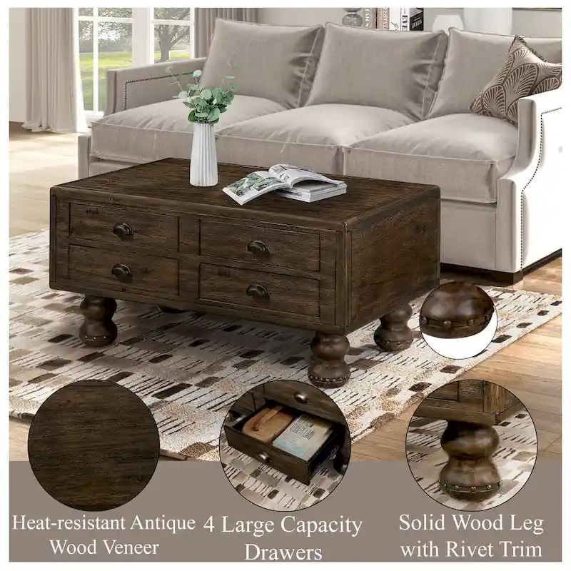 Solid Wood Rectangle Coffee Table with 4 Drawers