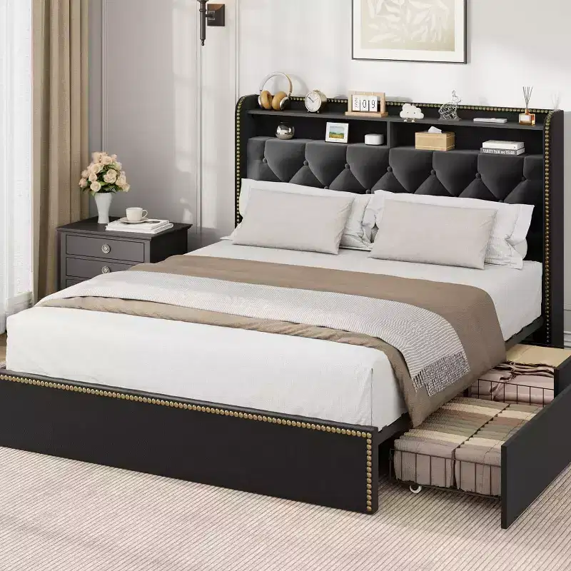 Full/Queen/King Upholstered Platform Bed Frame with 2-Tier Storage Headboard,Black Velvet Tufted Bed with 4 Drawers,Nailhead Trim, Sturdy Metal Frame