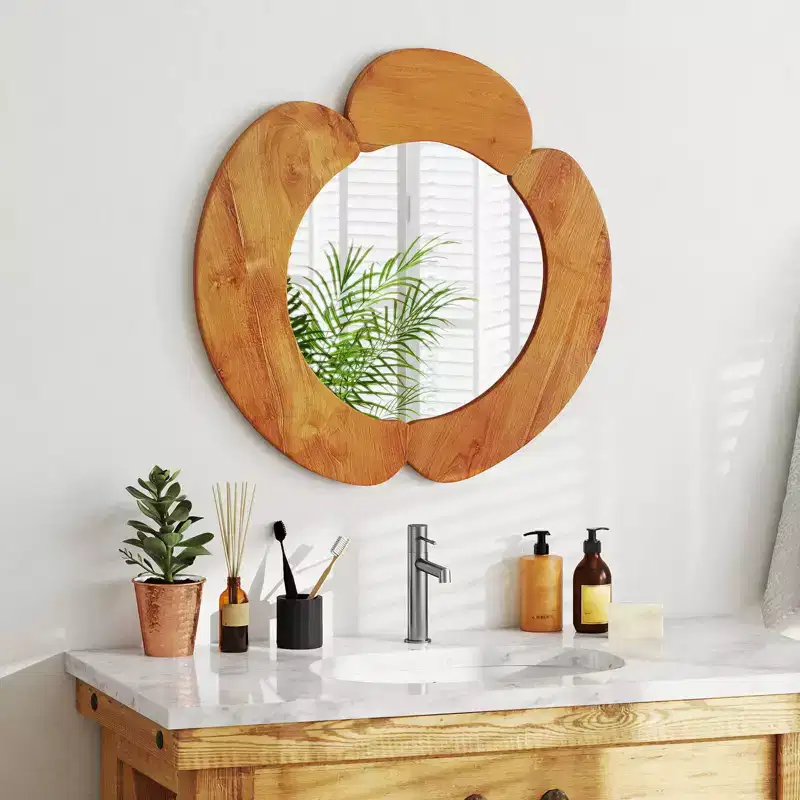 Irregular Wall Mirror 29 Inch Rustic Hanging Vanity Mirror with Teak Wood Frame