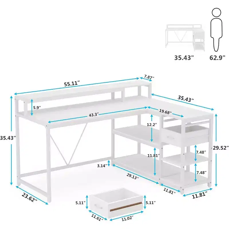 Lantine 55-Inch Reversible L-Shaped Desk with Drawer, Modern White Corner Desk with Storage Shelves and Monitor Stand for Home Office, Small Space