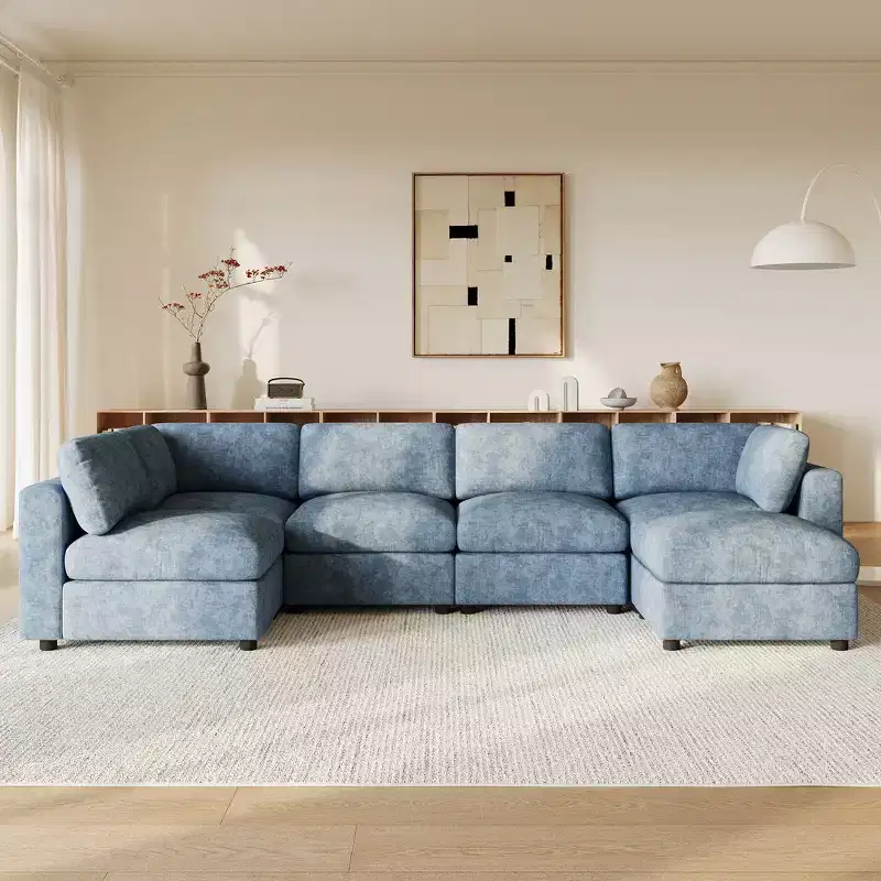 Whisen 129 Modular Sectional Sofa, 6 Seat U-Shaped Chenille Couch Cloud Sofa Bed, Convertible Sleeper Sofa with Ottoman, High Density Foam