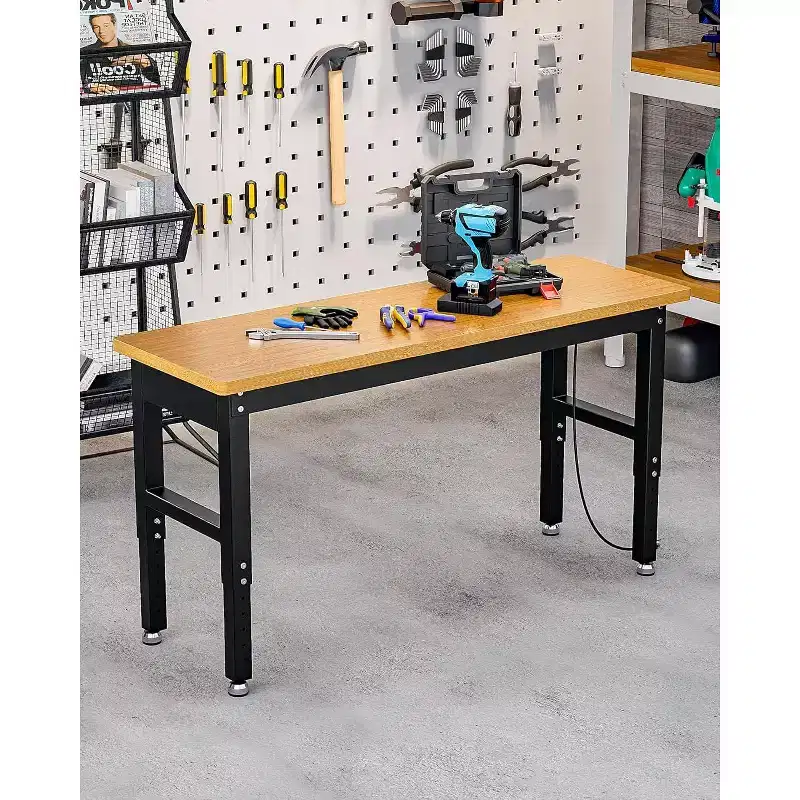 Acekool 60 Adjustable Height Garage Workbench with Solid Wood Top, 2200 lbs Capacity, Power Outlets & Non-Slip Feet, Heavy Duty