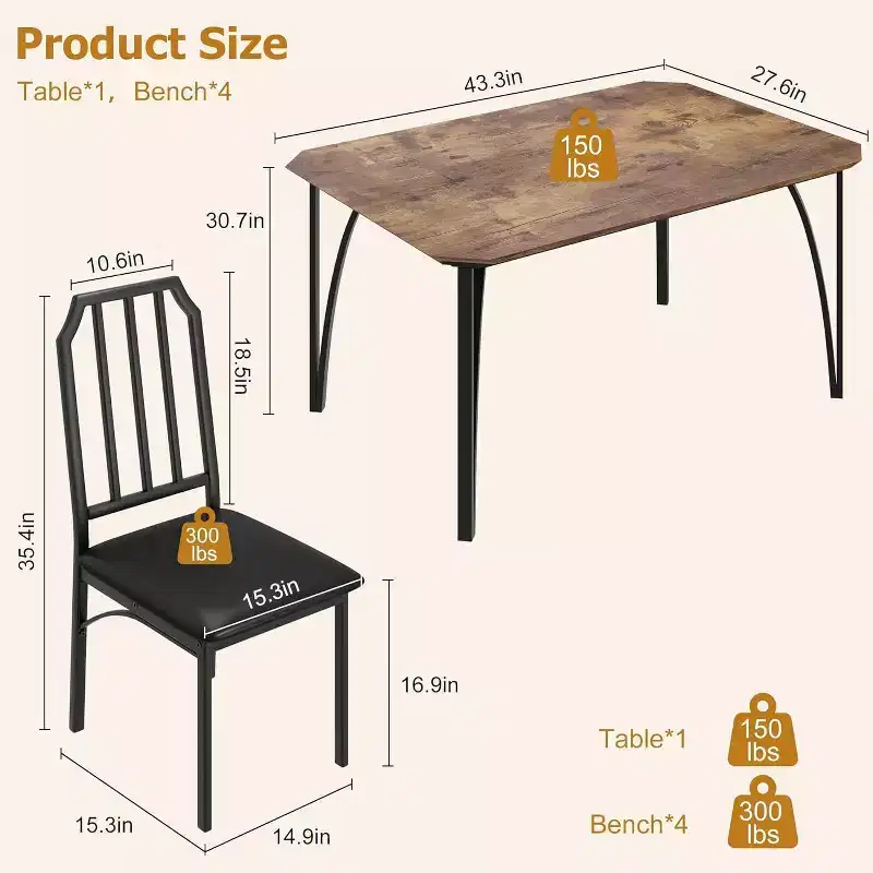 Dining Table for 4, Rectangular Kitchen Table and Upholstered Chairs for 4, 5 Piece Dining Room Table Set