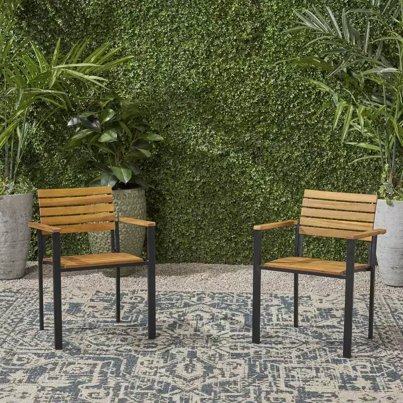 MAYEERTY Acacia Wood Outdoor Dining Armchair Set, Slat Panel Modern Industrial Style Stable Slatted Chairs for Patio Backyard