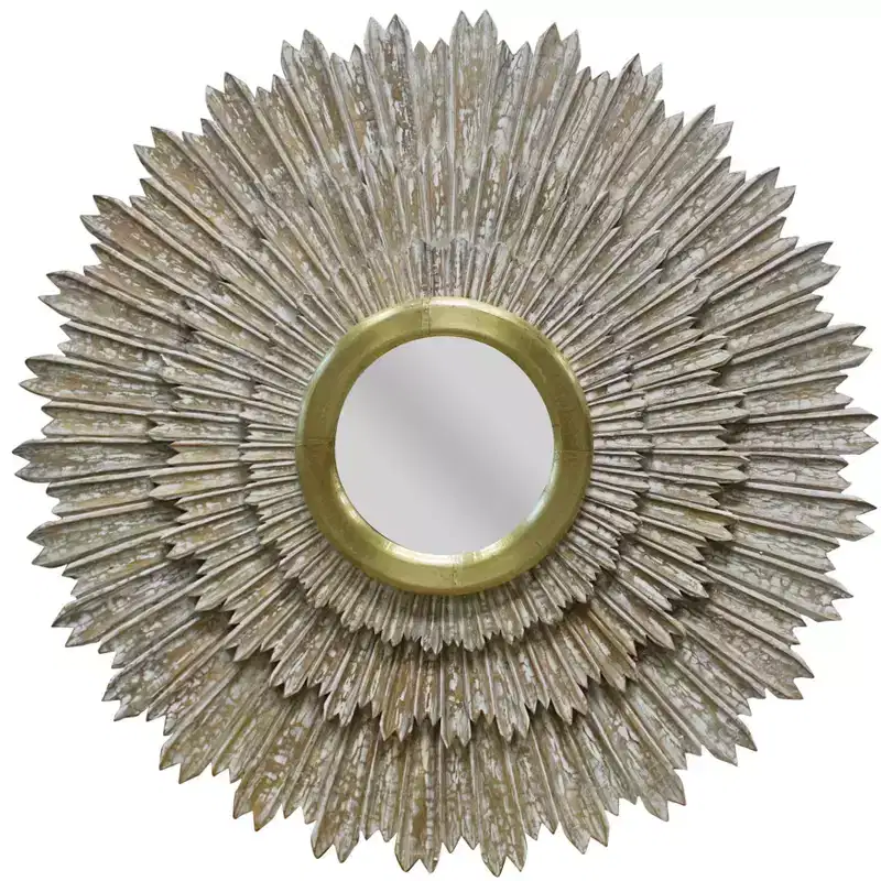 HomeRoots 44 Antiqued Gold Sunburst Wood and Metal Framed Accent Mirror