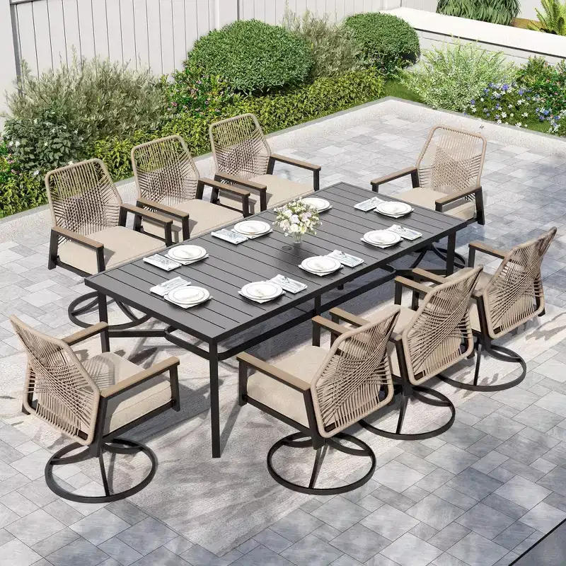Captiva Designs 9pc Outdoor Dining Rectangle Steel Table and Thick Cushion Fixed Wicker Chairs