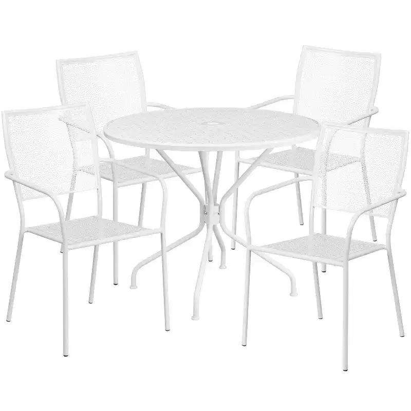 Emma and Oliver Commercial Grade 35.25 Round Metal Garden Patio Table Set, 4 Square Back Chairs