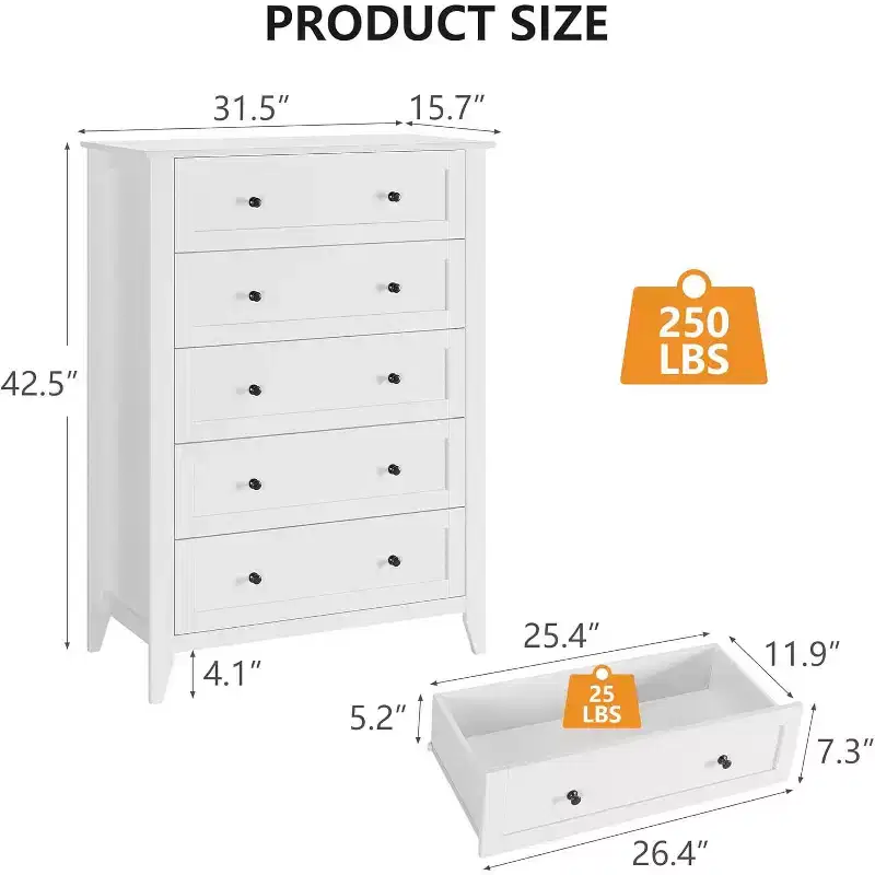 Modern 5 Drawers Dresser for Bedroom, Tall Wood Chest of Drawers for Clothes with Gold Handles & Deep Drawers, Living Room, Closet, Hallway, White